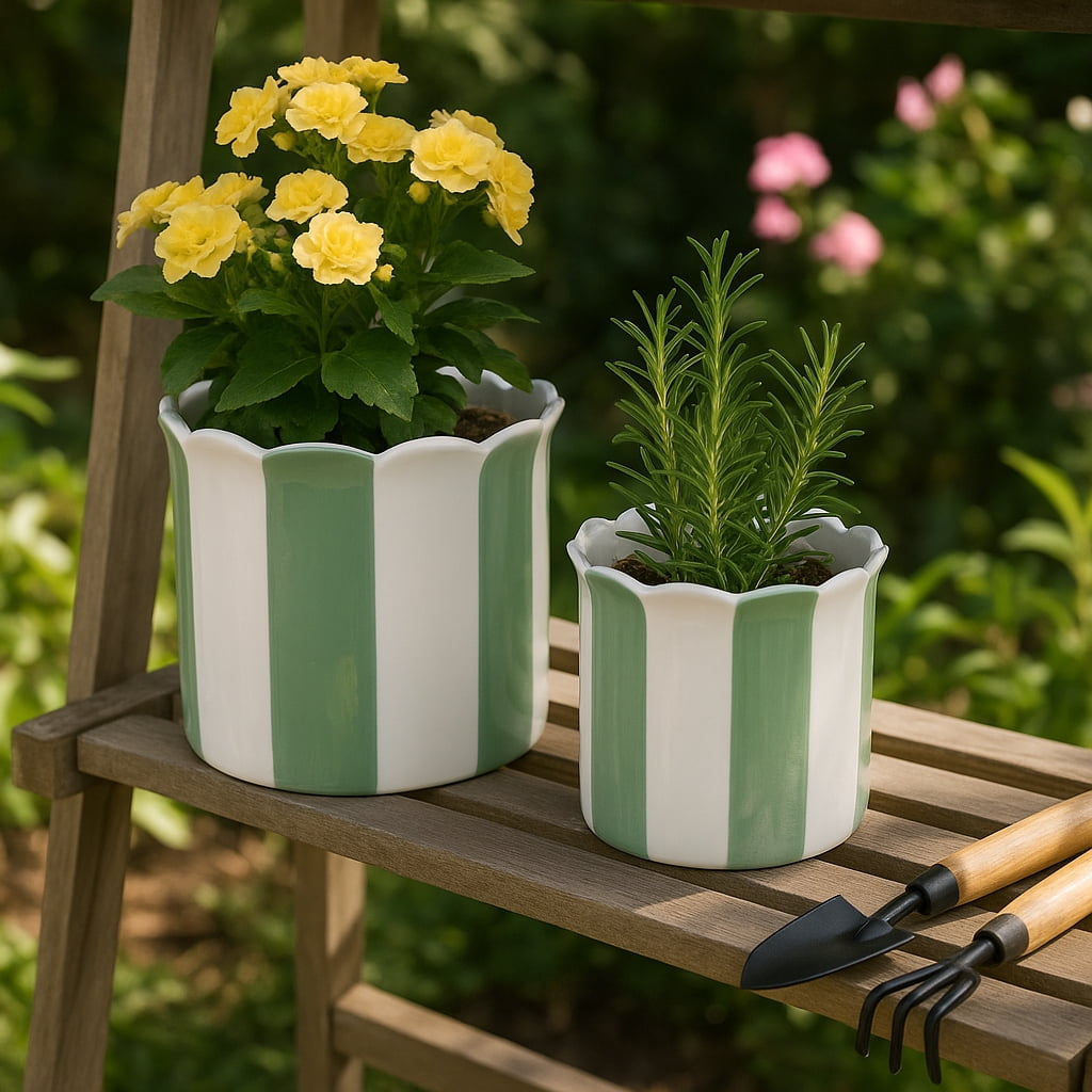 Ceramic Scalloped Striped Flower Pots for Home Decor - Decorative Planters for Indoor and Outdoor Plants - Plant Pots for Living Room and Garden Decor - Set of 2, 7", 6", Green & White