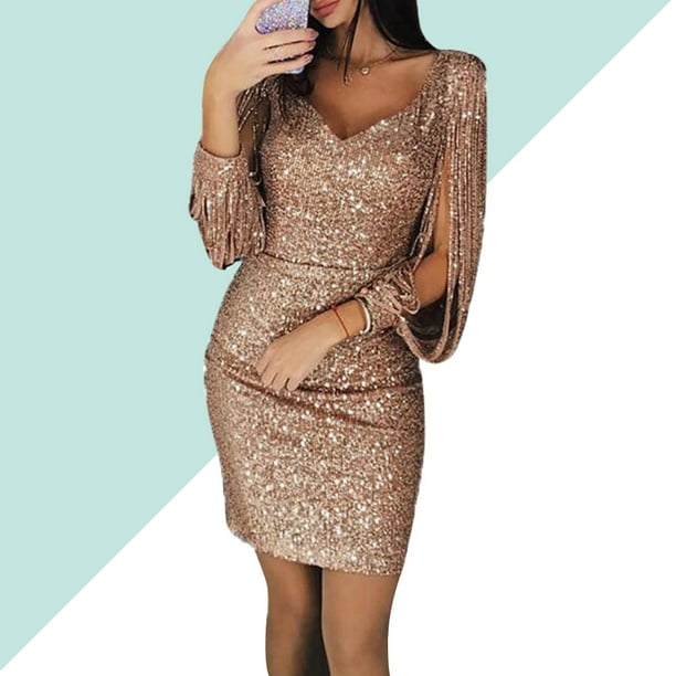 Women Sexy Party Bodycon Dress Nightclub V-neck Tassel Long Sleeve Mini  Dress Cocktail Clubwear Costume - Size S (Golden) 