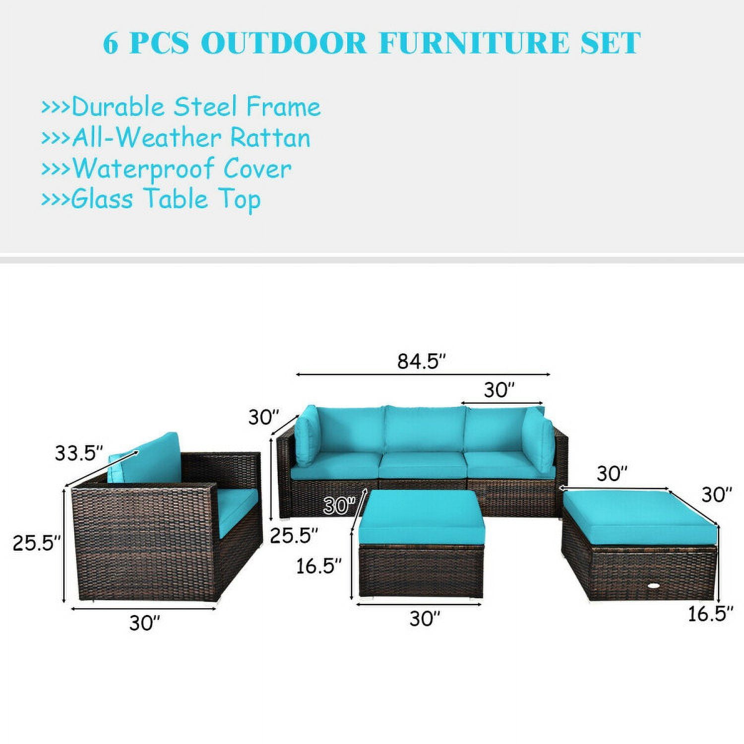 Aimee Lii 6 Pcs Patio Rattan Furniture Set with Sectional Cushion, Outdoor Deck Furniture, Turquoise