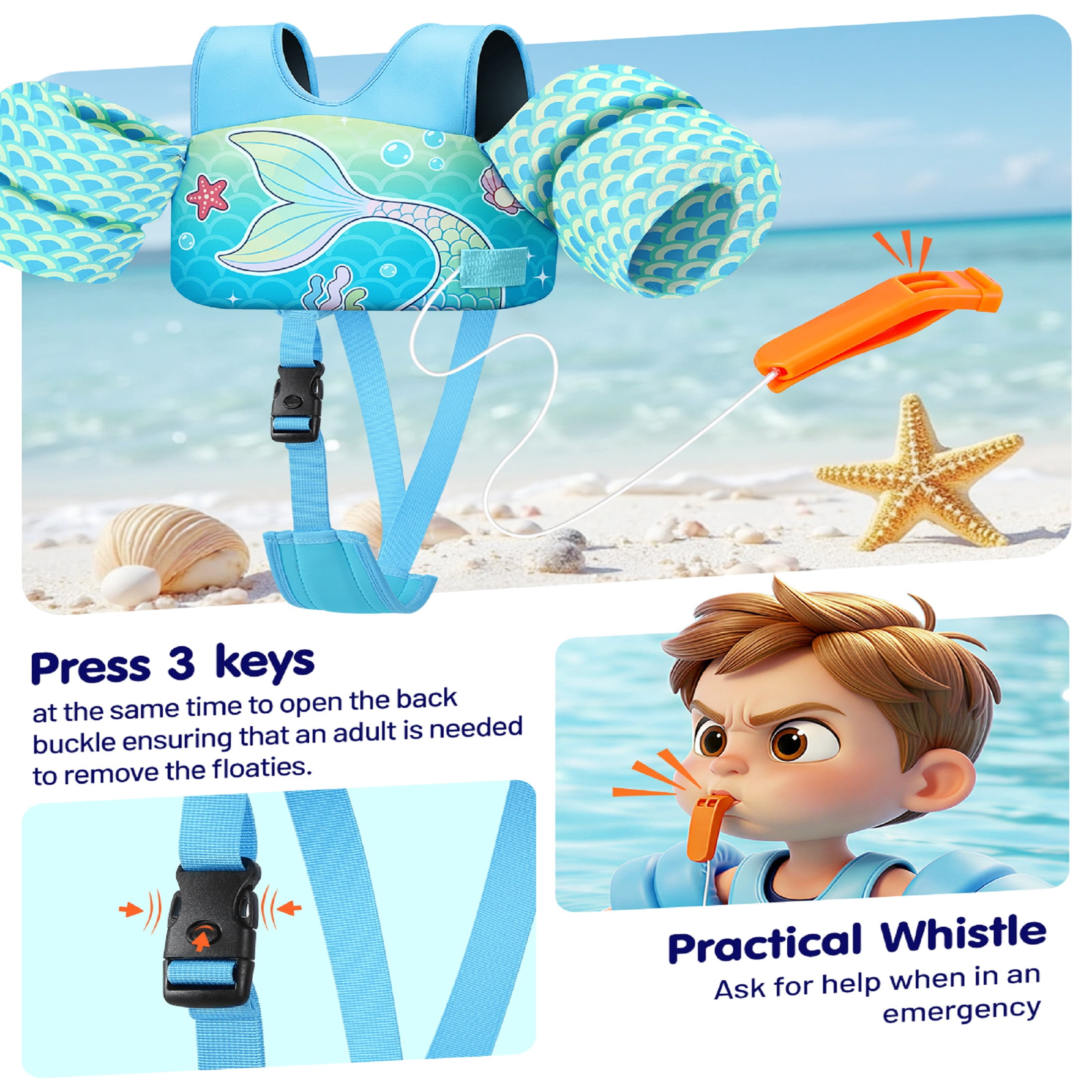 HeySplash Swim Vest For Kid,Arm Floaties with Adjustable Strap Fit 22-30 Lbs,Pool Sea Swimming Aid,Blue Fishtail
