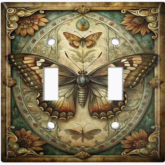 Metal Light Switch Wall Plate Outlet Cover (Vintage Butterly Portrait - Double Toggle)