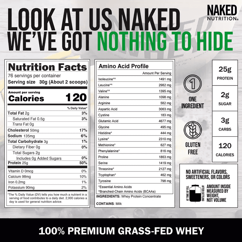 NAKED WHEY 5LB 100% Grass Fed Unflavored Whey Protein Powder - Only 1 Ingredient, Undenatured - No GMO, Soy or Gluten - No Preservatives - Promote Muscle Growth and Recovery - 76 Servings