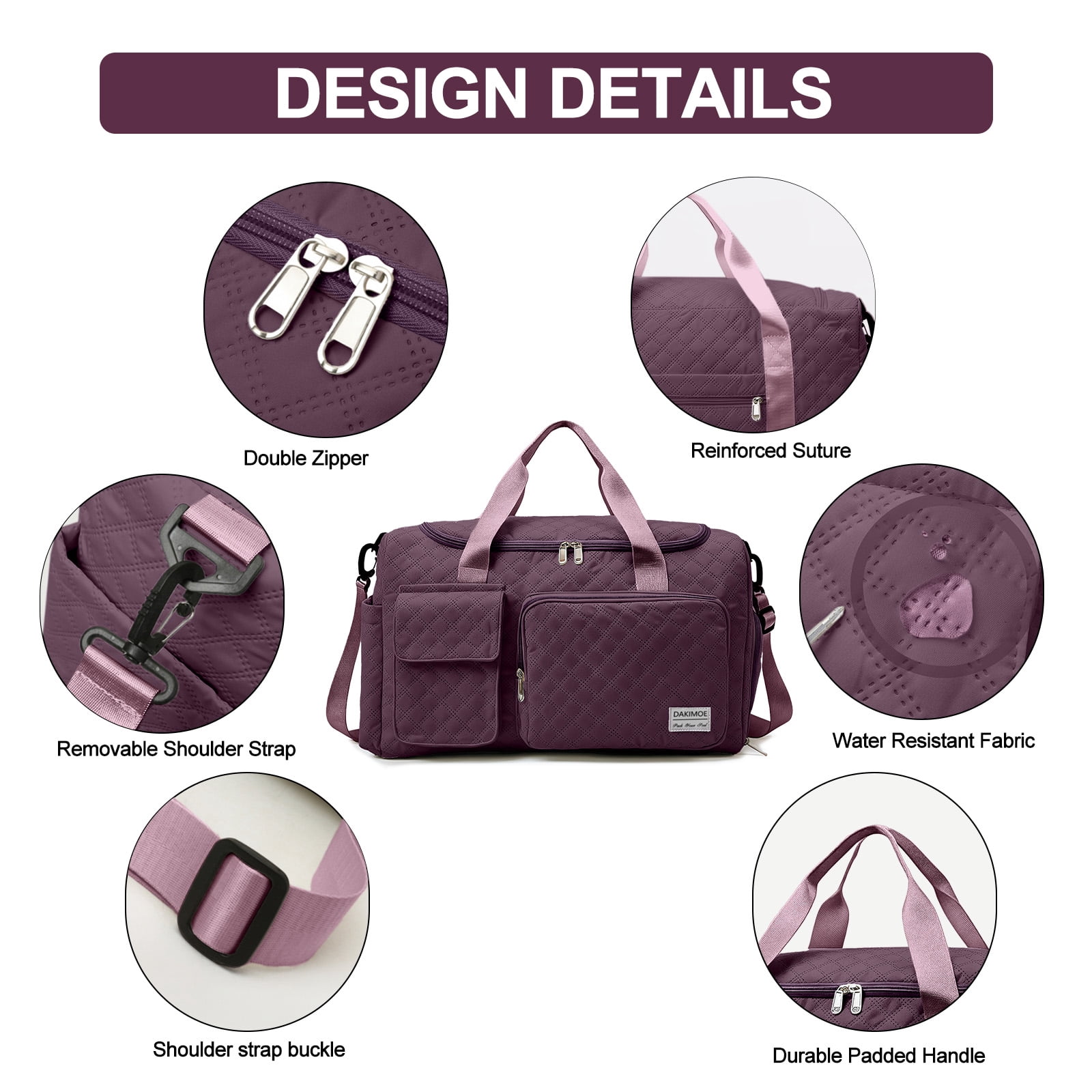 DAKIMOE Travel Duffle Bag for Women Large Weekender Bags Carry on Gym Duffel Bag with Wet Pocket/Shoe Compartment Waterproof Overnight Tote for Plane Hospital Sports Yoga Business Trips, Dried Rose
