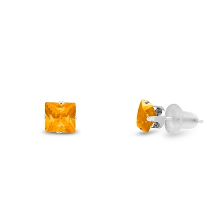 - Simulated 2x2mm Square Princess Cut Yellow Citrine Solid 10K White Gold 4-Prong Set Baby Stud Earrings