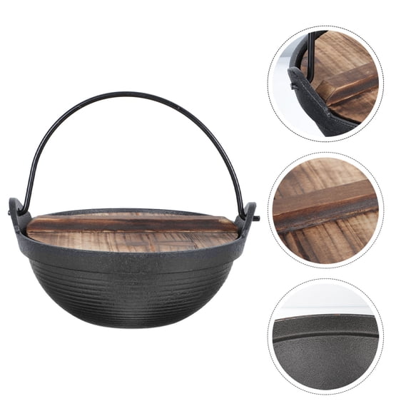 CATIEBYE Japanese Style Small Hot Pot with Cedar Lid, Iron Outdoor Cooking Pot for Camping and Hiking