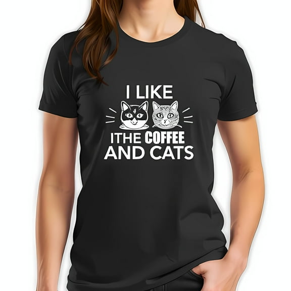 I Like Coffee and Cats Cotton Short Sleeve T-Shirt - Cute Cat Faces Graphic Tee for Cat Lovers