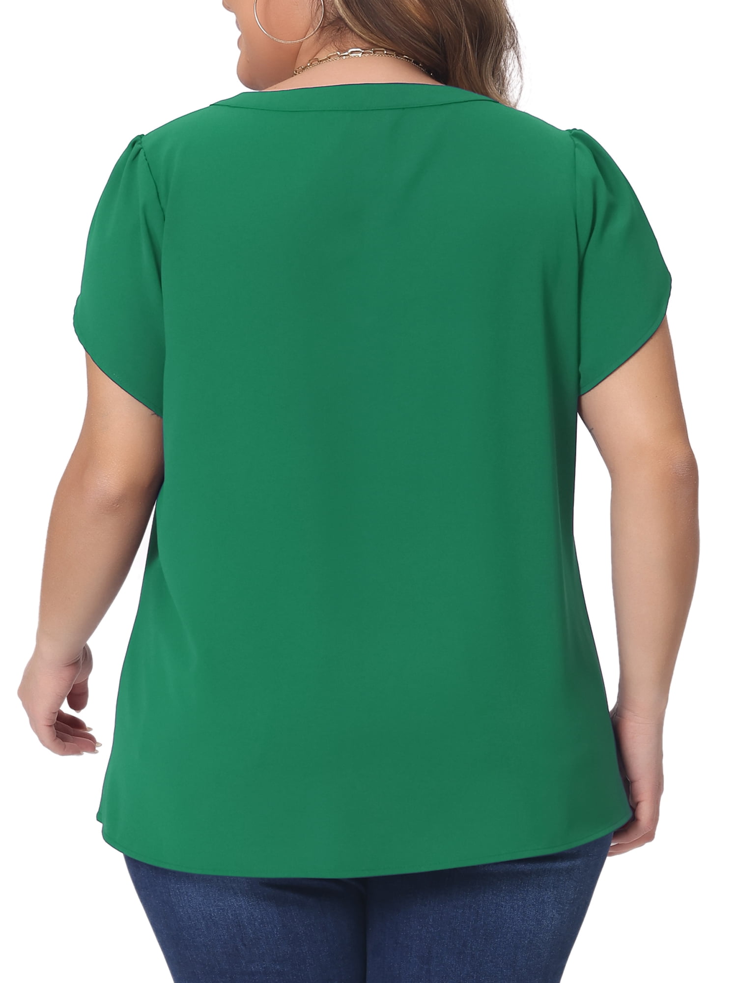 Women's Plus Blouses Notched V Neck Short Petal Sleeve Shirts Casual Dressy Tops 1X Dark Green