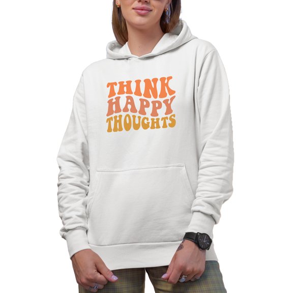 Think Happy Thoughts, Mental Health Themed Quote, Groovy Retro Wavy Text Merch Gift, White Hooded Sweatshirt or Hoodie, Small