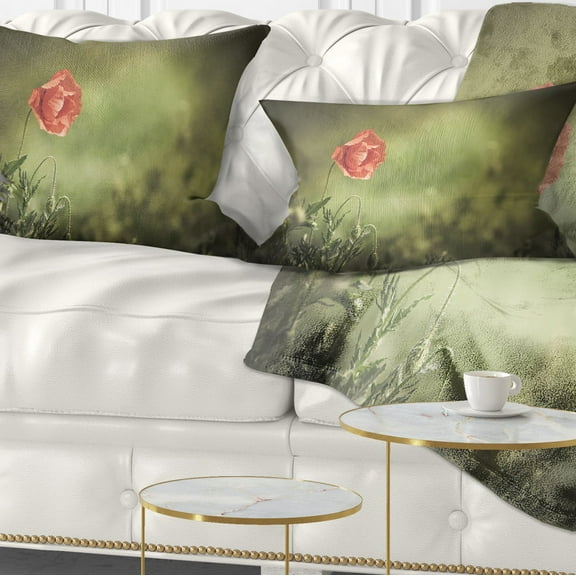 Designart Red Wild Poppy Flower on Green - Floral Throw Pillow - 12x20