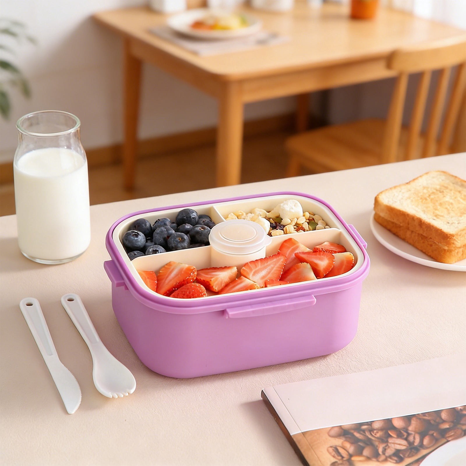 Rijanmt 304 Stainless Steel Lunch Box With 1 Fork & Knife,50.7 Oz Large Food Storage Container With 4-Compartments-Lid,Reusable Divided Meal Prep Box For Home Work Travel,Adults Students Use,Purple