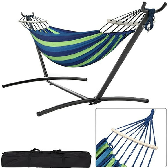 2 Person Hammock with 9FT Heavy Duty Steel Stand and Hardwood Spreader Bar, 450lbs Capacity, Included Carrying Case for Indoor Outdoor