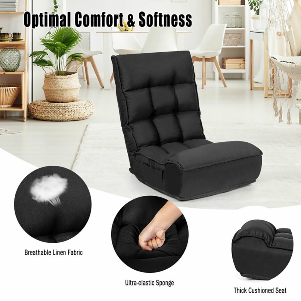 Finihen Floor Lazy Chair, Folding Lazy Sofa, 4-Position Adjustable Floor Chair, for Living Room, Bedroom, Dorm, Black Finihen Floor Lazy Chair, Folding Lazy Sofa, 4-Position Adjustable Floor Chair, for Living Room, Bedroom, Dorm, Black