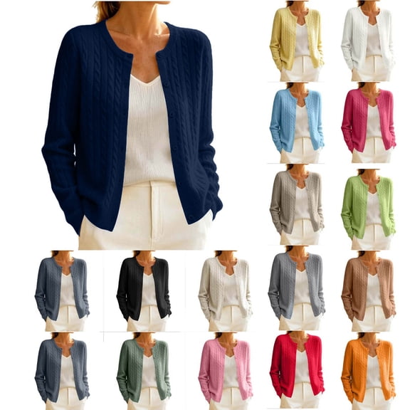 Auralook Women Knit Button Front Cardigan Round‑Neck Long‑Sleeve Knit Sweater Classic Solid Outerwear for Fall Winter Daily Wear