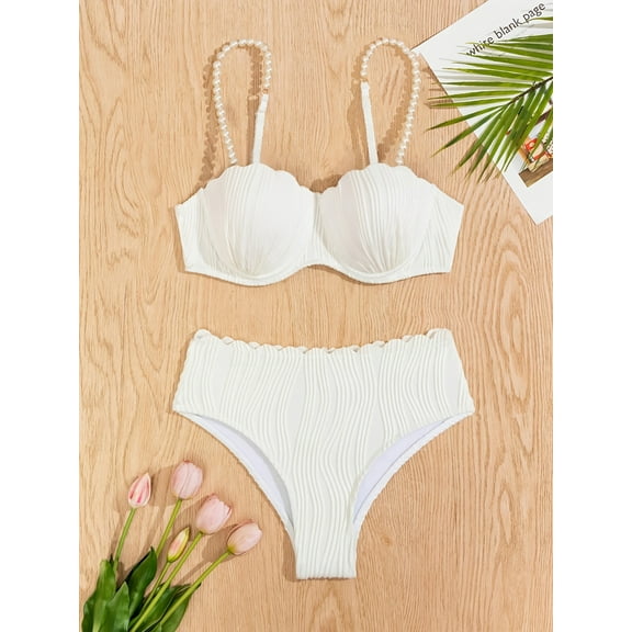 generic High Waisted Bikini Sets for Women Summer Solid Color 2 Piece Underwire Swimsuits Tummy Control Bathing Suit White S