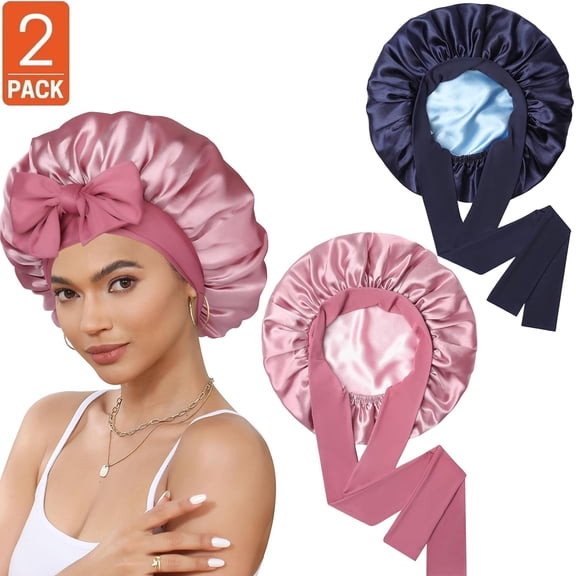YMWVH Satin Bonnet, Silk Bonnet for Sleeping Silk Sleep Cap Double Layer Hair with Elastic Tie Bandfor Women for Curly Hair Night Cap (Pink Blue)