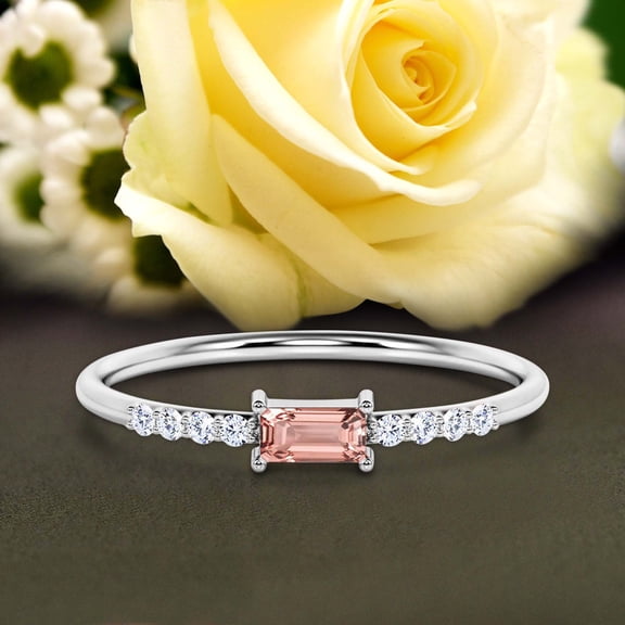 Beautiful Minimalist 0.95 Carat Emerald Cut Morganite And Diamond Moissanite Engagement Ring, Wedding Ring in 10k Solid White Gold, Gift For Her, Gift For Girlfriend, Promise Ring, Anniversary Ring