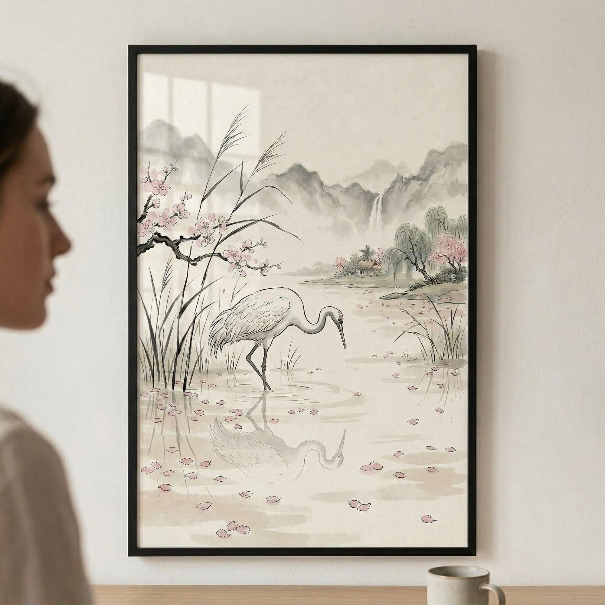 Japanese Style White Crane Wall Art Zen Ink Wash Decor Cherry Blossom Print Asian Nature I