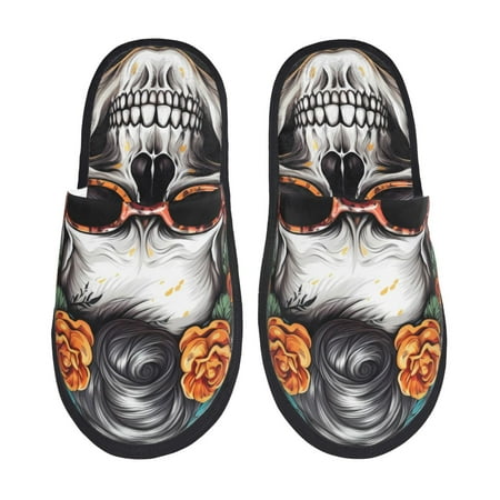 

Honeii Flower Horn Skull A print Slippers Memory Foam House Bedroom Slippers for Women and Men Fuzzy Plush Comfy Faux Fur Lined Slide Shoes-Medium