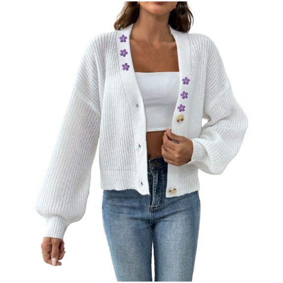 Busydd Cardigan Sweaters for Women Lightweight Floral Print Knit Cardigan Jackets Trendy V Neck Button Fall Cardigans for Women Casual Long Sleeve Cropped Cardigan Sweater Blouse Tops
