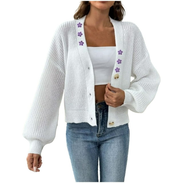 WRKEKC Embroidered Floral Cardigan Oversized Knit Fall Winter Layer Cozy Lounge Wear Plus Size Available White L