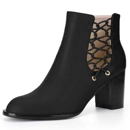- Unique Bargains Women's Block Heel Lace-Up Cutout Ankle Boots Black (Size 9)