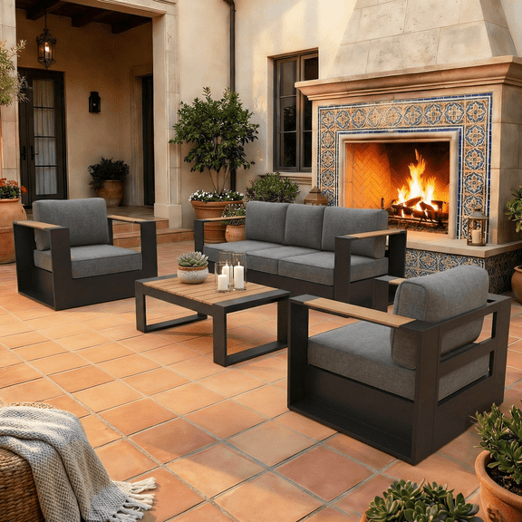 LayinSun 4 Pieces Aluminum Patio Furniture Set with Coffee Table, Oversized Outdoor Conversation Set 5 Seats with 6" Thick Cushions for Outside Porch, Balcony, Deck