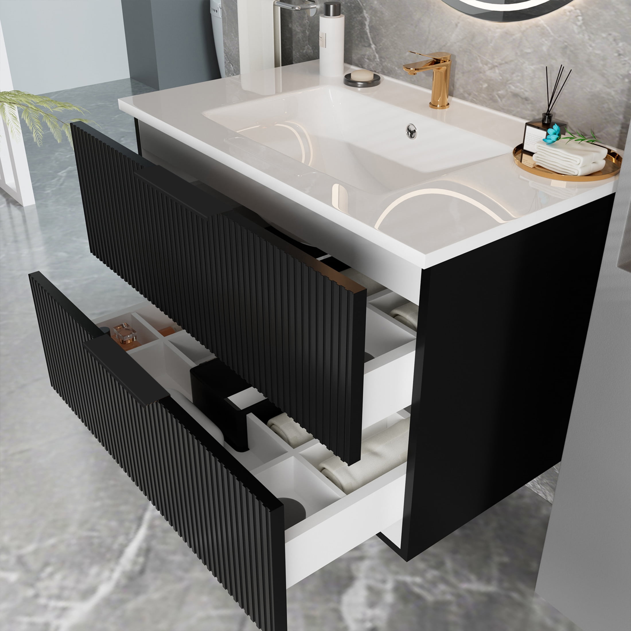 Noble House 30" Wall Mounted Floating Bathroom Vanity with Sink, 2 Drawers, Modern Cabinet, Matte Black