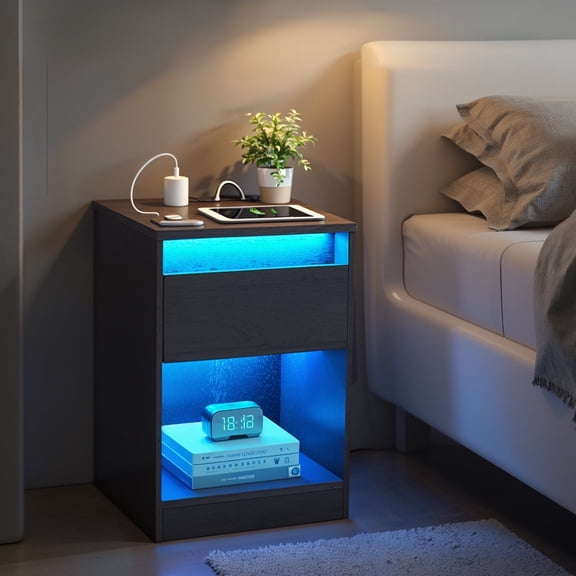 LEDREM Modern LED Nightstand with Charging Station - Adjustable Color Lights, 2 Outlets & USB Ports, Spacious Drawer, 242lb Capacity, Ebony Black