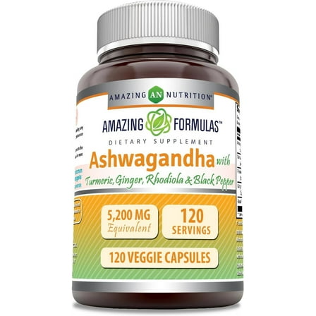 Amazing Formulas Ashwagandha with Turmeric, Ginger, Rhodiola & Black Pepper 5200 mg Per Serving | 120 Veggie Capsules Supplement | Non-GMO | Gluten Free