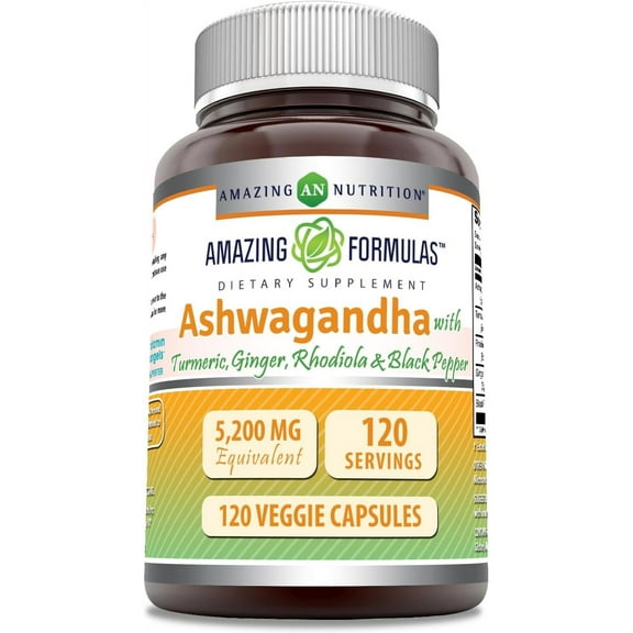 Amazing Formulas Ashwagandha with Turmeric, Ginger, Rhodiola & Black Pepper 5200 mg Per Serving | 120 Veggie Capsules Supplement | Non-GMO | Gluten Free