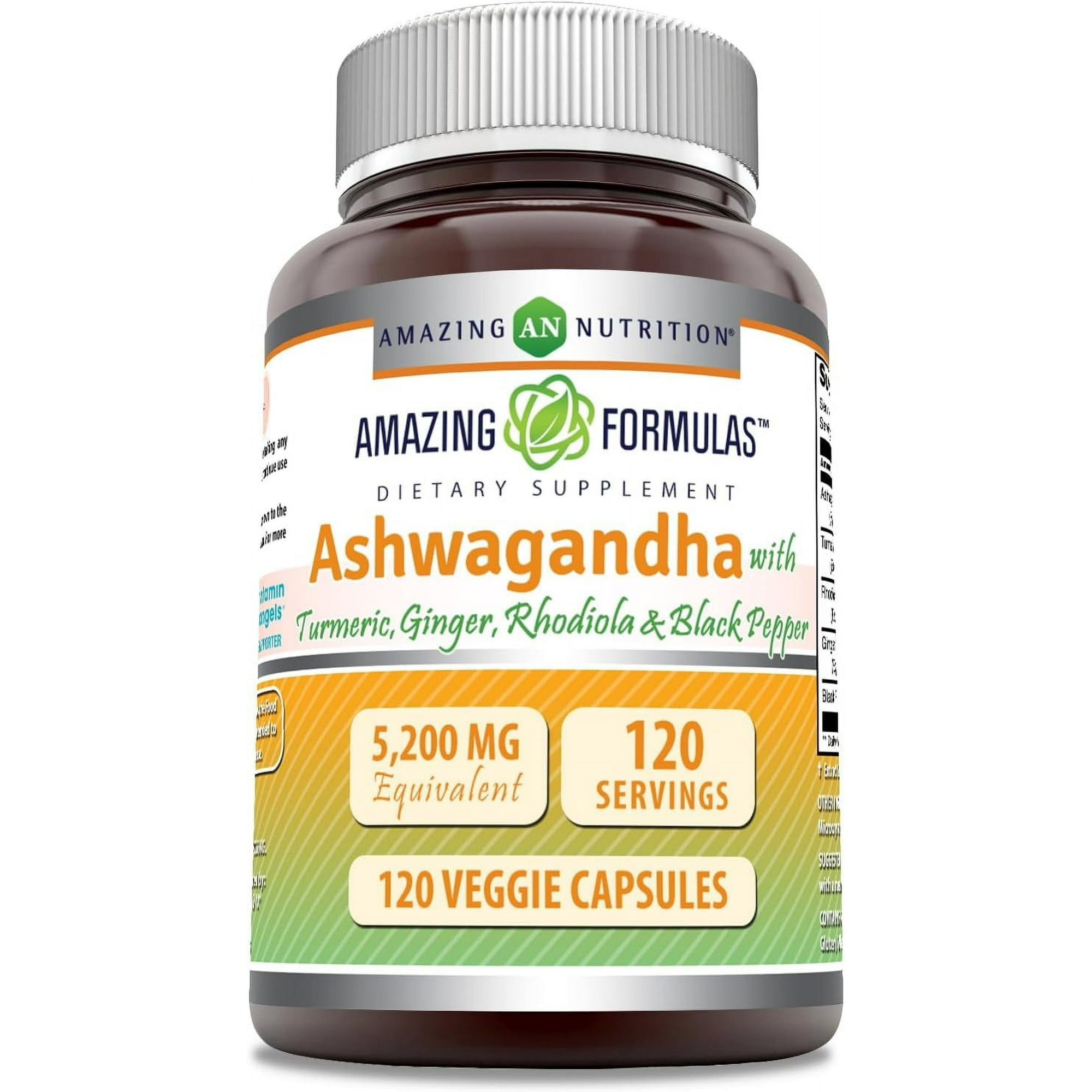 Amazing Formulas Ashwagandha with Turmeric, Ginger, Rhodiola & Black Pepper 5200 mg Per Serving | 120 Veggie Capsules Supplement | Non-GMO | Gluten Free