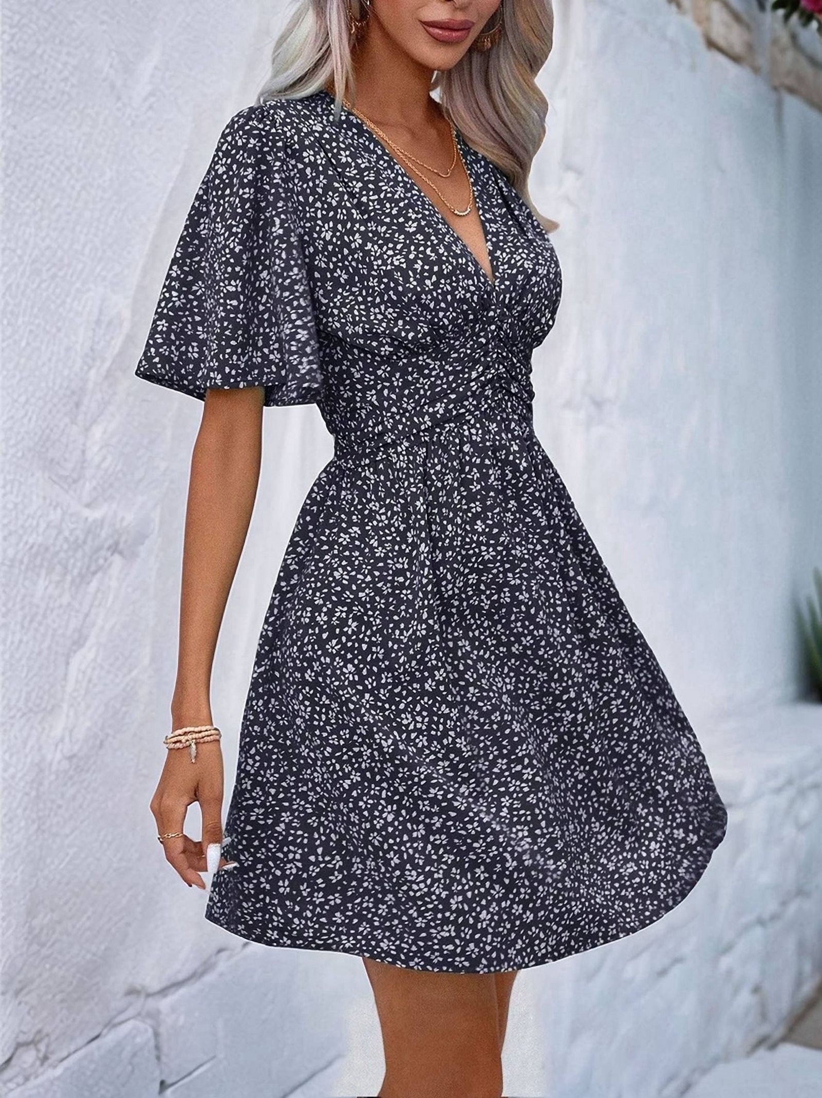 Women Summer Casual Floral Print Short Flutter Sleeve Mini Dress Casual Sundress V Neck Sun Dresses Black S