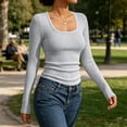 thumbnail image 6 of AherBiu Going out Tops for Women Ribble Knitted Square Neck Slim Fitted Stretch Long Sleeve Basic Layer Cute Shirt Blouse, 6 of 8