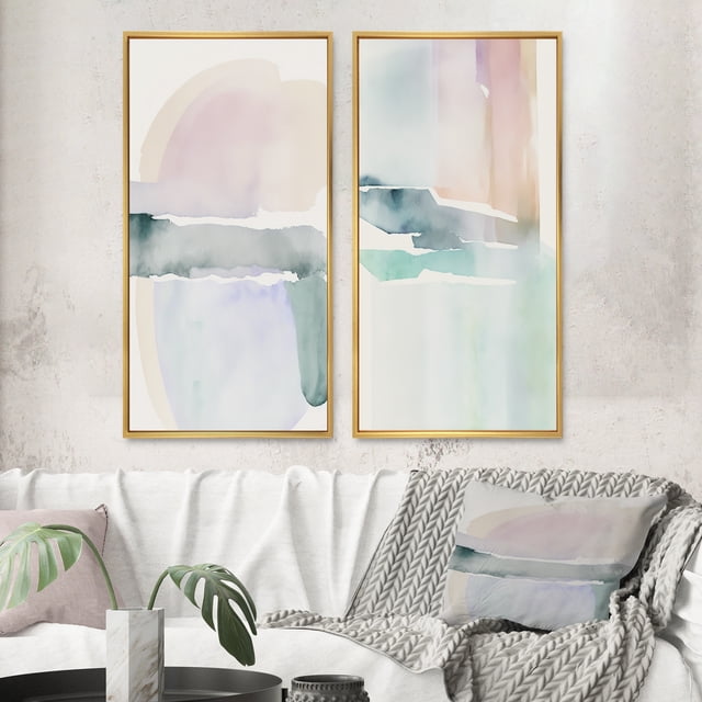 Designart "Pastel Tranquility in Serene Shades I" Abstract Liquid Ink Framed Wall Art Set Of 2 - Modern Blue Frame Gallery Set For Office Decor