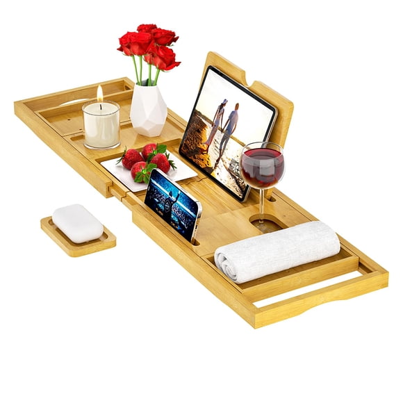 Bandeja de bañera Caddy Banlilu Premium de bambú, tamaño ampliable