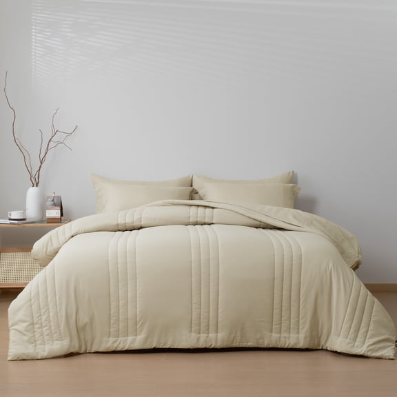 HIG 7‑Piece Bed in a Bag Comforter Set, Solid Light Beige Vertical Channel Quilted, Soft Microfiber All‑Season Bedding with Sheets & Pillow Shams, Queen Size