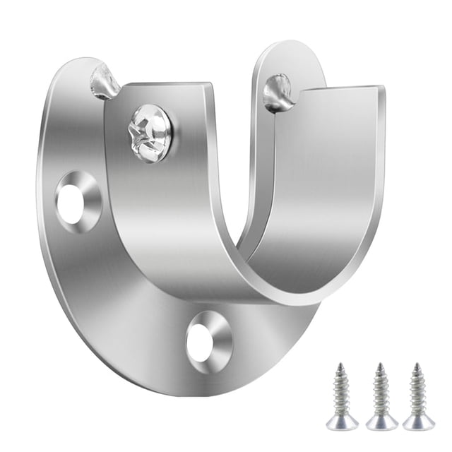 soportes de barra de armario de acero inoxidable soportes de barra de cortina de metal soportes de soporte Soporte de pared 3/4 vista frontal, U abierta en acero inoxidable 304 con acabado plateado cepillado; base redonda con tres orificios de montaje y tornillos incluidos; diámetro interior ≈3.3 cm y tamaño 5.7 x 5 cm; compatible con barras de metal, madera o PVC, capacidad hasta 100 kg, ideal para armarios, cortinas, baño y lavandería.