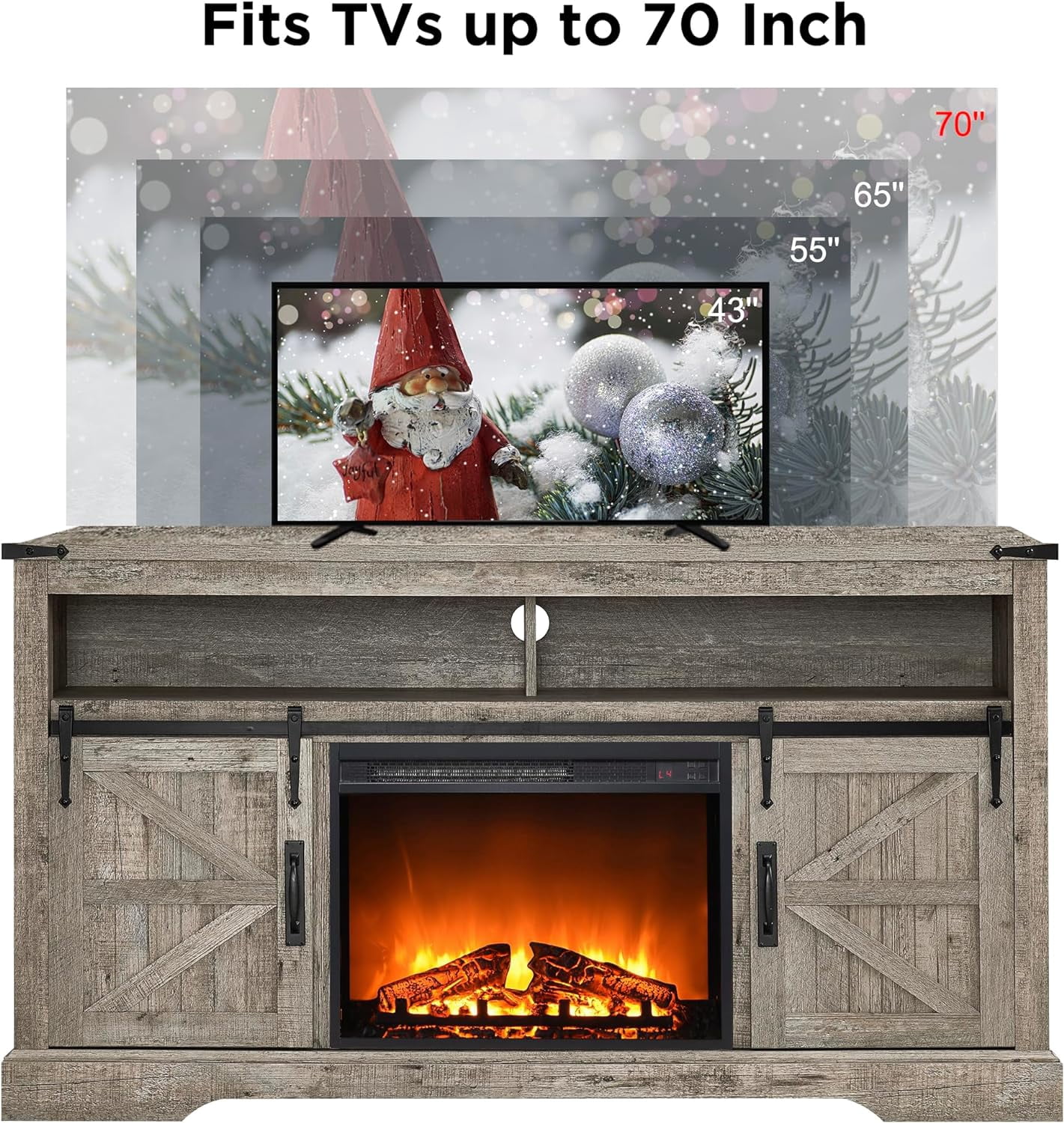 OKD Farmhouse Fireplace TV Stand up to 70", Entertainment Center with 23" Fireplace & Open Storage Shelves for Living Room, Light Rustic Oak