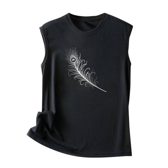 Gibobby Mujeres Verano Sin Mangas Cuello Redondo Pluma Impresión Tank Tops Casual Camisetas Blusa Top(Negro,XG)