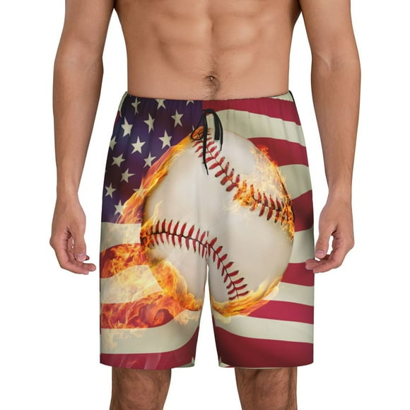 Saiise Baseball Ball With Flag Print Mens Pajama Shorts Drawstring Elastic Waistband Sleep Shorts Soft Comfy Lounge Pants with Pockets-Small