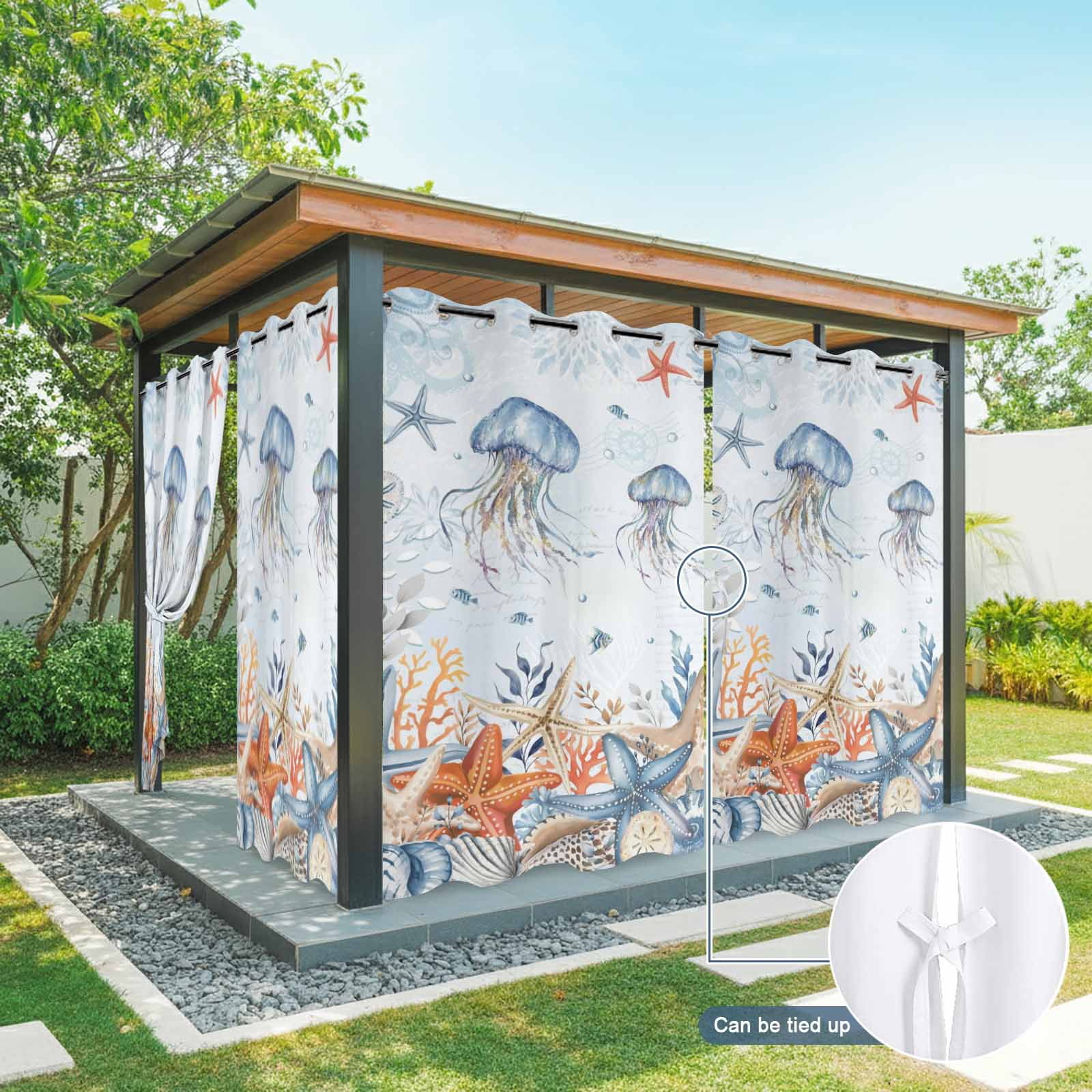 Oceans Marine Life Outdoor Curtains for Patio, Orange Blue Gradient Jellyfish Starfish Sunshade Privacy Drapes Grommet Waterproof Outside Curtains for Porch/Cabana/Balcony 54"x 108", 1 Panel