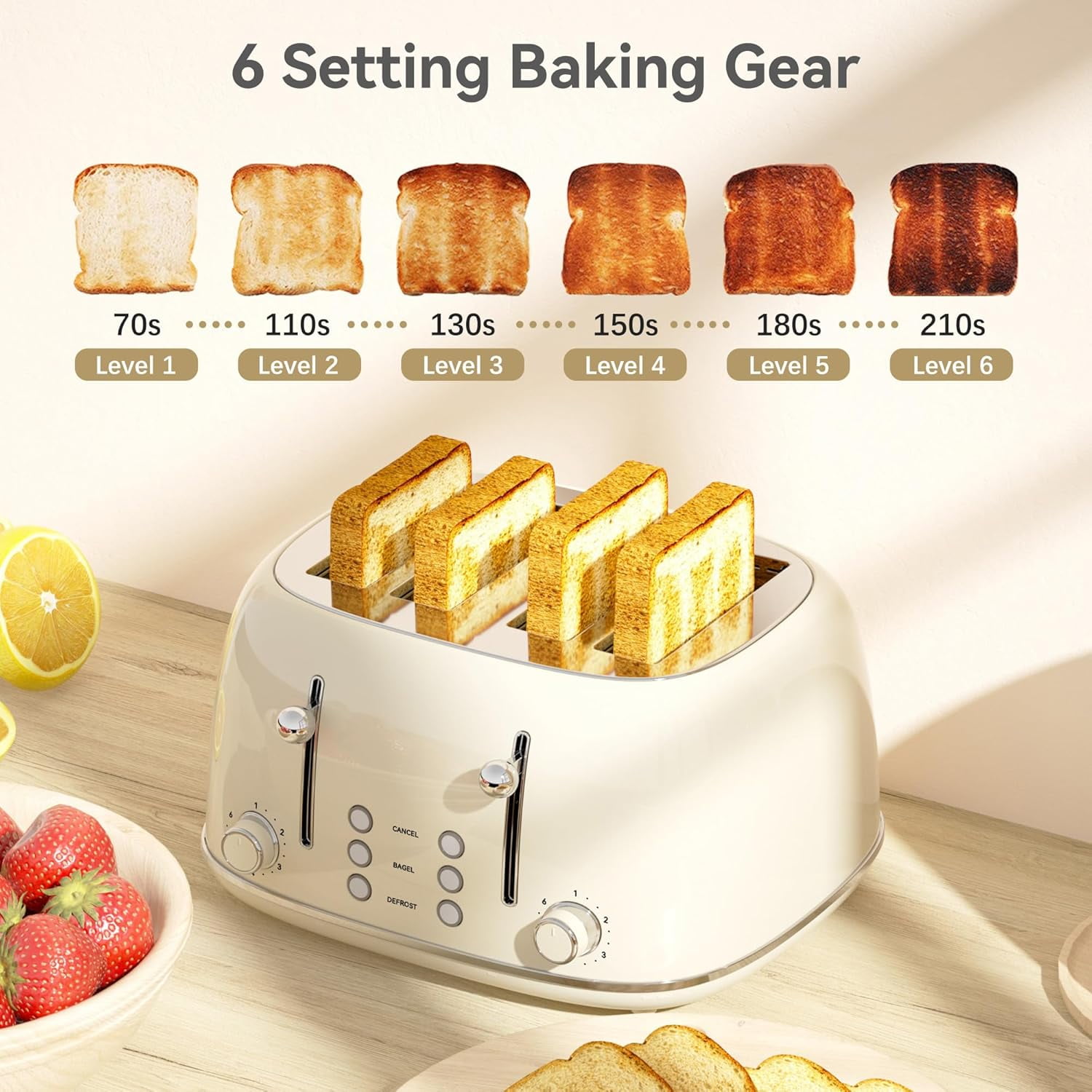 4-Slice Toaster with 6 Shade Browning Levels, 1.5'' Wide Slots, Dual Control Panels, and Removable Crumb Tray - Cream