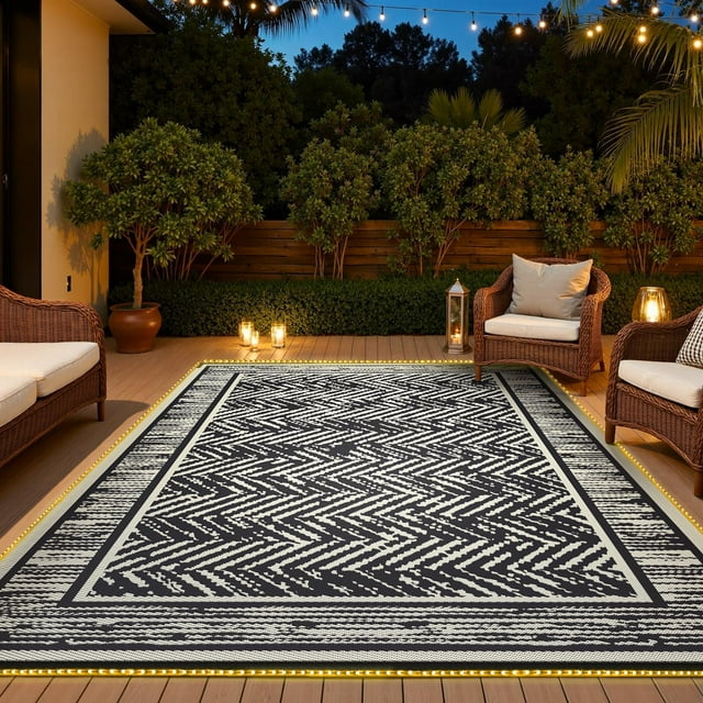 Outdoor Rug with Led Strip Lights RV Camping Mat and Patio Rug for Deck Balcony Porch Backyard Beach Picnic Outdoor Carpet Striped Pattern Modern Slip Plastic Straw x & Bei