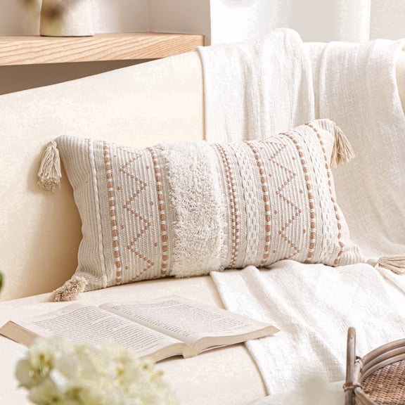 BlissBlush Decorative Lumbar Throw Pillow Cover 12x20 Cream Neutral White Rectangular Boho Accent Pillowcase Farmhouse Cushion for Couch Sofa Bedroom Living Home Décor (Cover ONLY, Pack of 1)