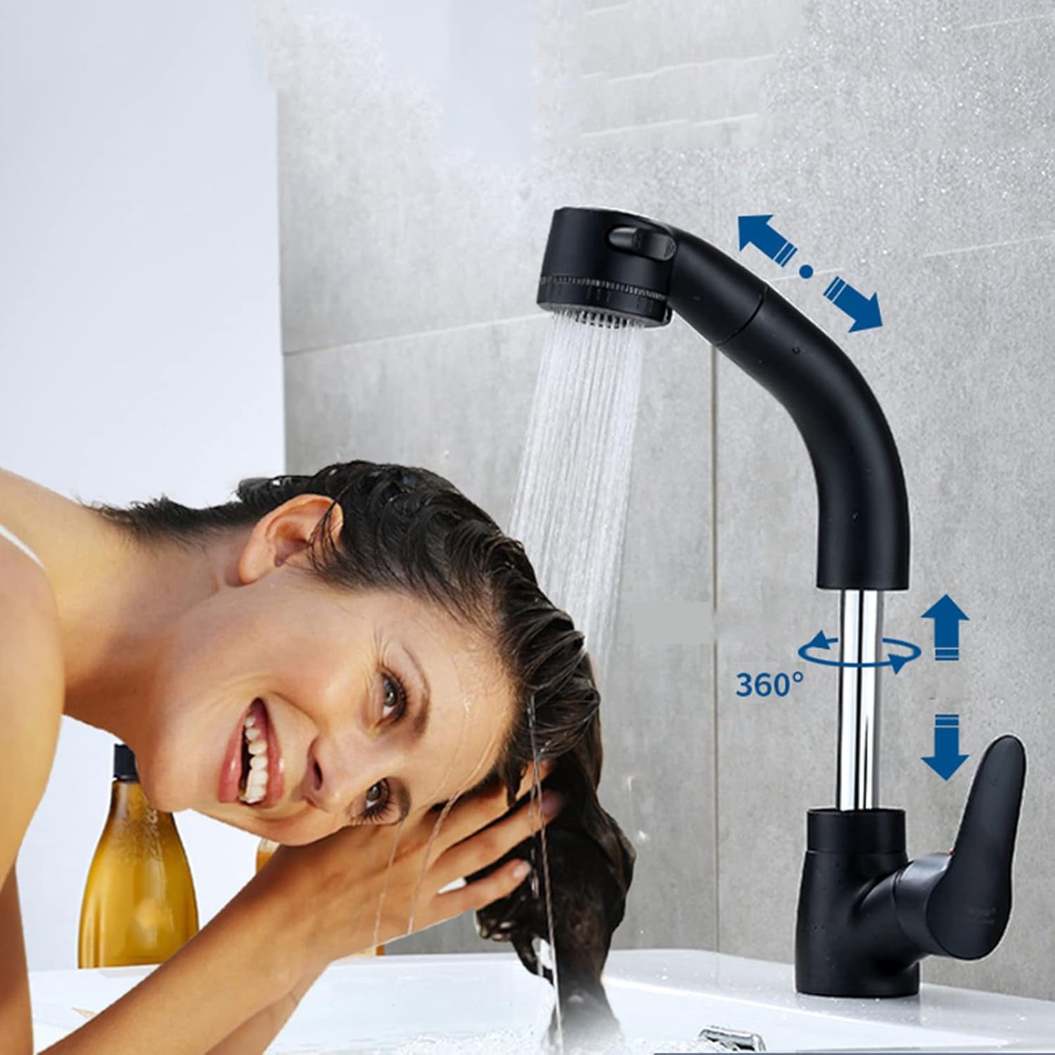 Bathroom Sink Faucet Pull Out Sprayer Dual Mode Mixer Tap for Hot and Cold Water Liftable Single Handle 360° Swivel Single Hole Pull Down Lavatory Faucet Retractable Basin Faucet,Black