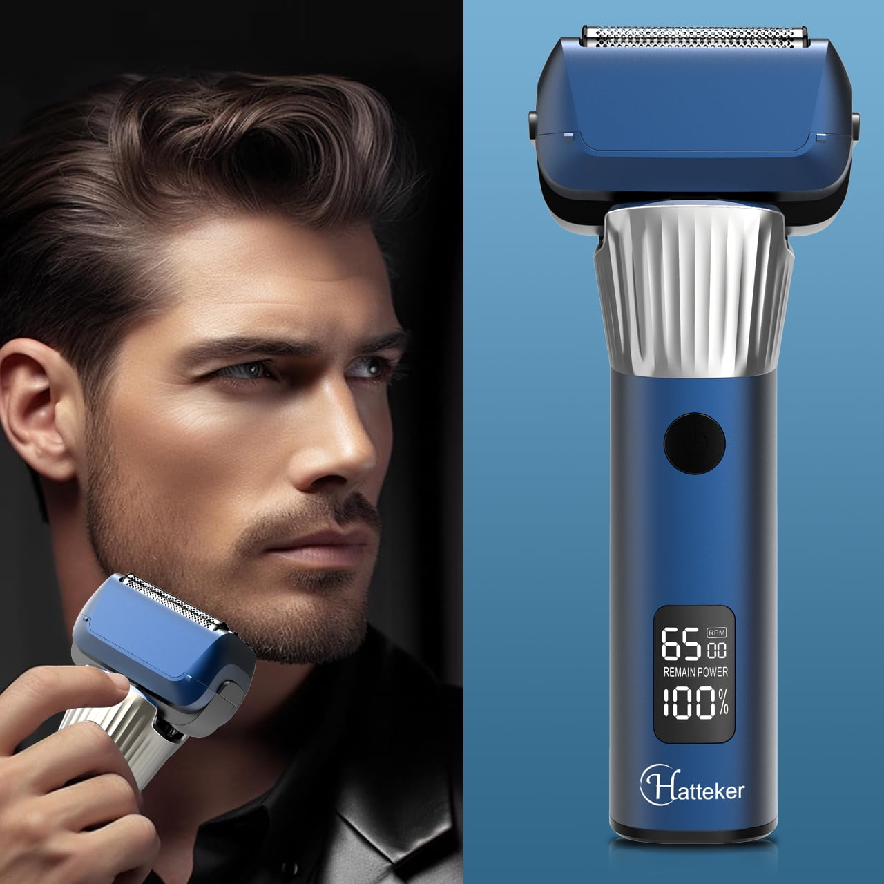 HATTEKER Electric Shaver Five-Head Mesh Shaver IPX6 Waterproof LED Display 2 Speed Settings Blue