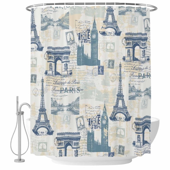 Eiffel Tower Shower Curtain, Waterproof Shower Curtains for Bathroom, European Architectural Retro Hand-Painted Washable Fabric Bathtub Curtain Set Bath Decor with 12 Hooks Standard 72"x72"