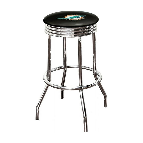 The Furniture King Bar Stool 24" Tall Backless Chrome Metal Stool Featuring Your Favorite Football Team Logo on a Colored Vinyl Swivel Seat Cushion Dolphins on Black