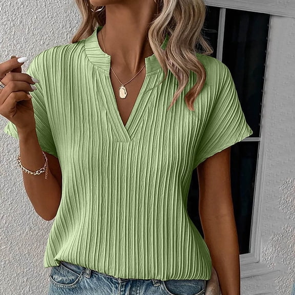ClodeEU Women's V Neck Short Sleeve Textured Blouse,Summer Casual Slim Top Army Green,Women's Plus L
