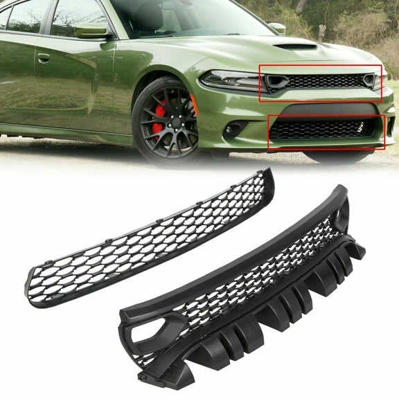 Kojem Upper Lower Grill for 2015-2022 Dodge Charger SRT Scat Pack Daytona Air Inlet Dual Kit Mesh Grille Guard Bezels 68394592AA W/ AIR DUCT